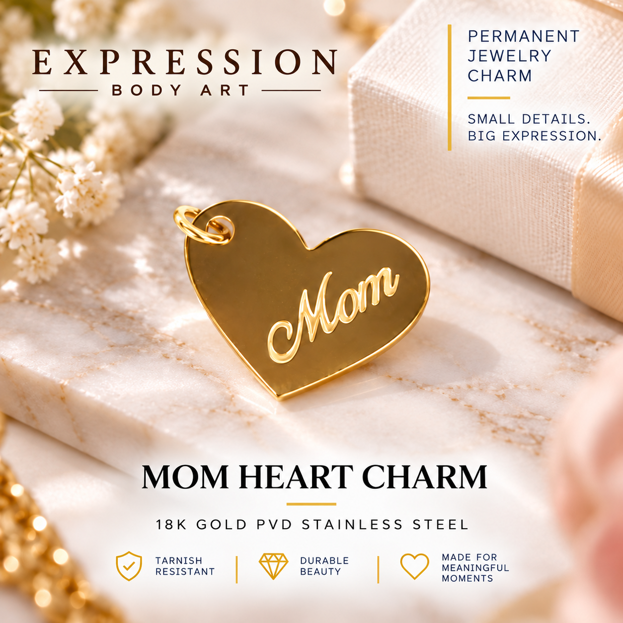 Mom Heart Charm – 18K Gold PVD Stainless Steel