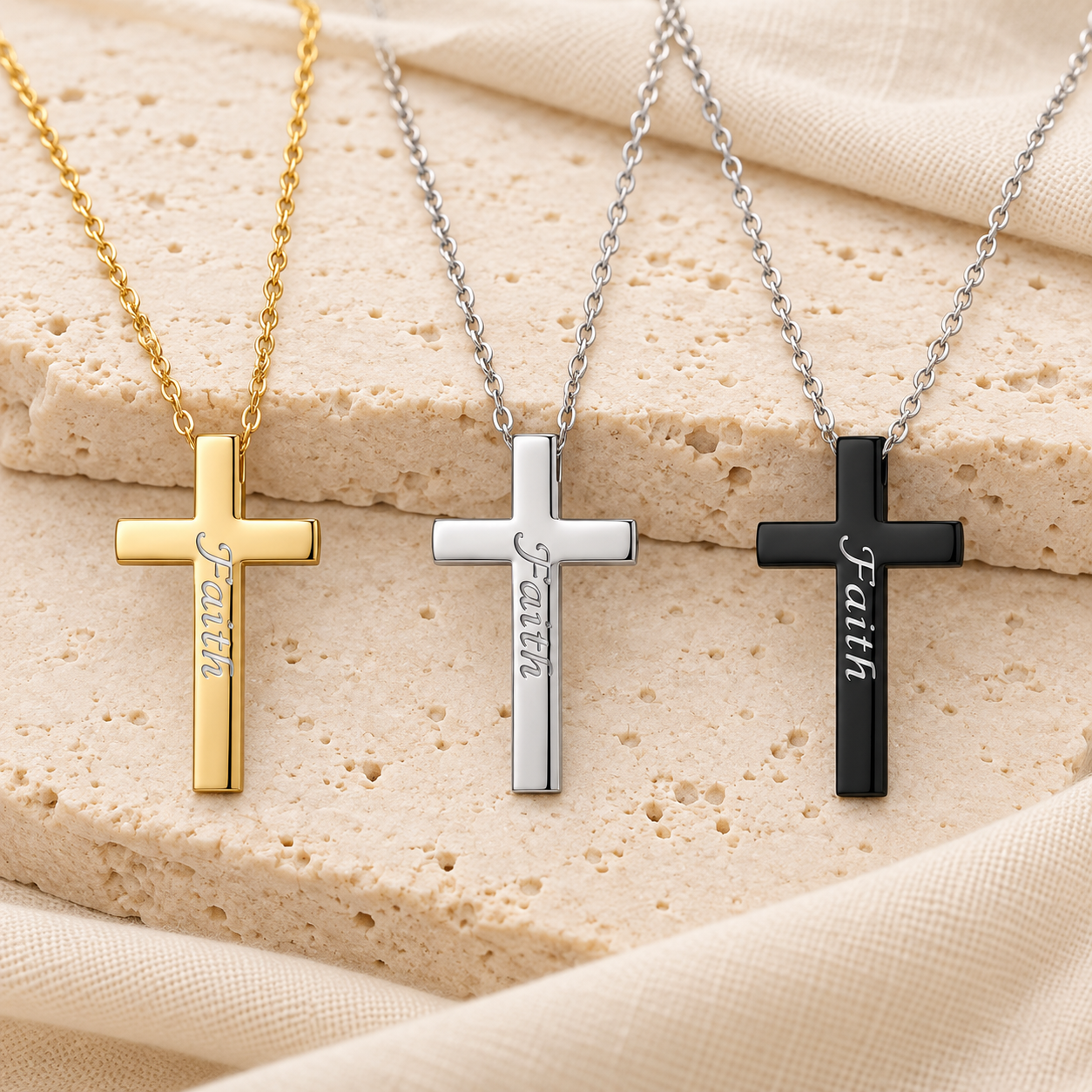 Faith cross necklaces in gold-tone, silver-tone, and black displayed on cream stone