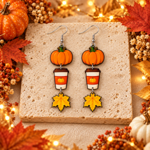 Pumpkin Coffee & Leaf Dangle Earrings