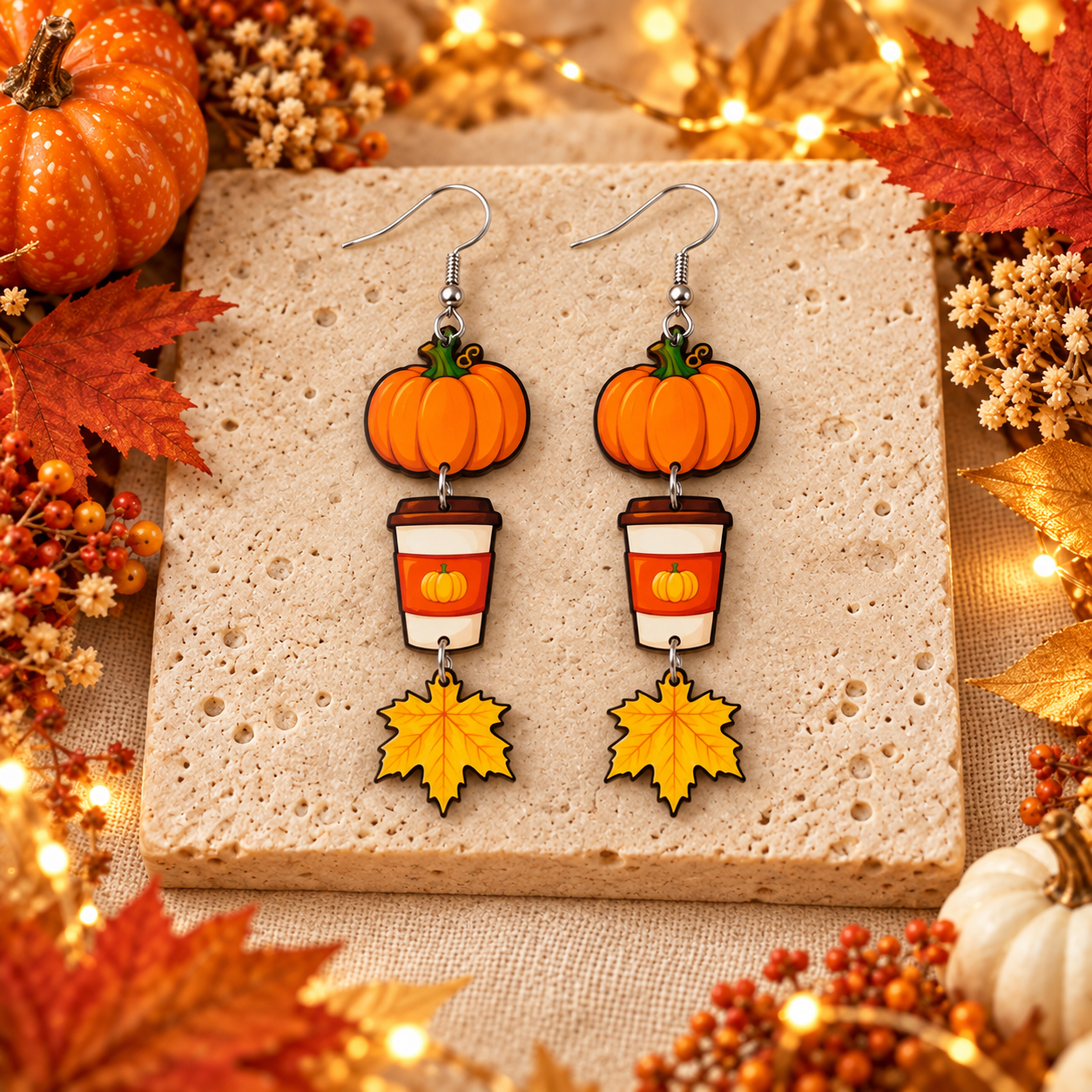 Pumpkin Coffee & Leaf Dangle Earrings